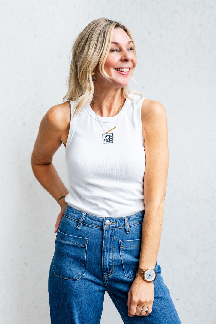 Logo Ribbed Tank - White