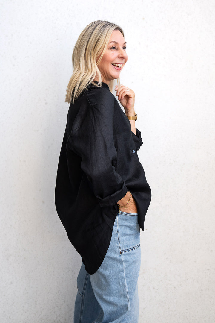 Boyfriend Linen Shirt - Black - Mabel and Woods