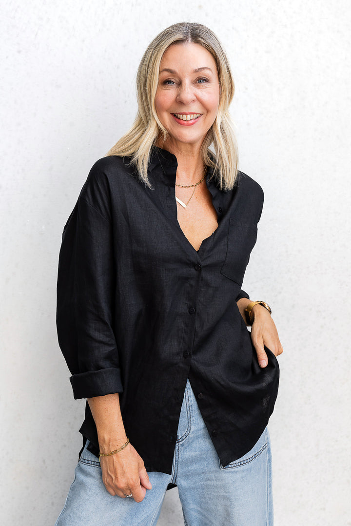 Boyfriend Linen Shirt - Black - Mabel and Woods