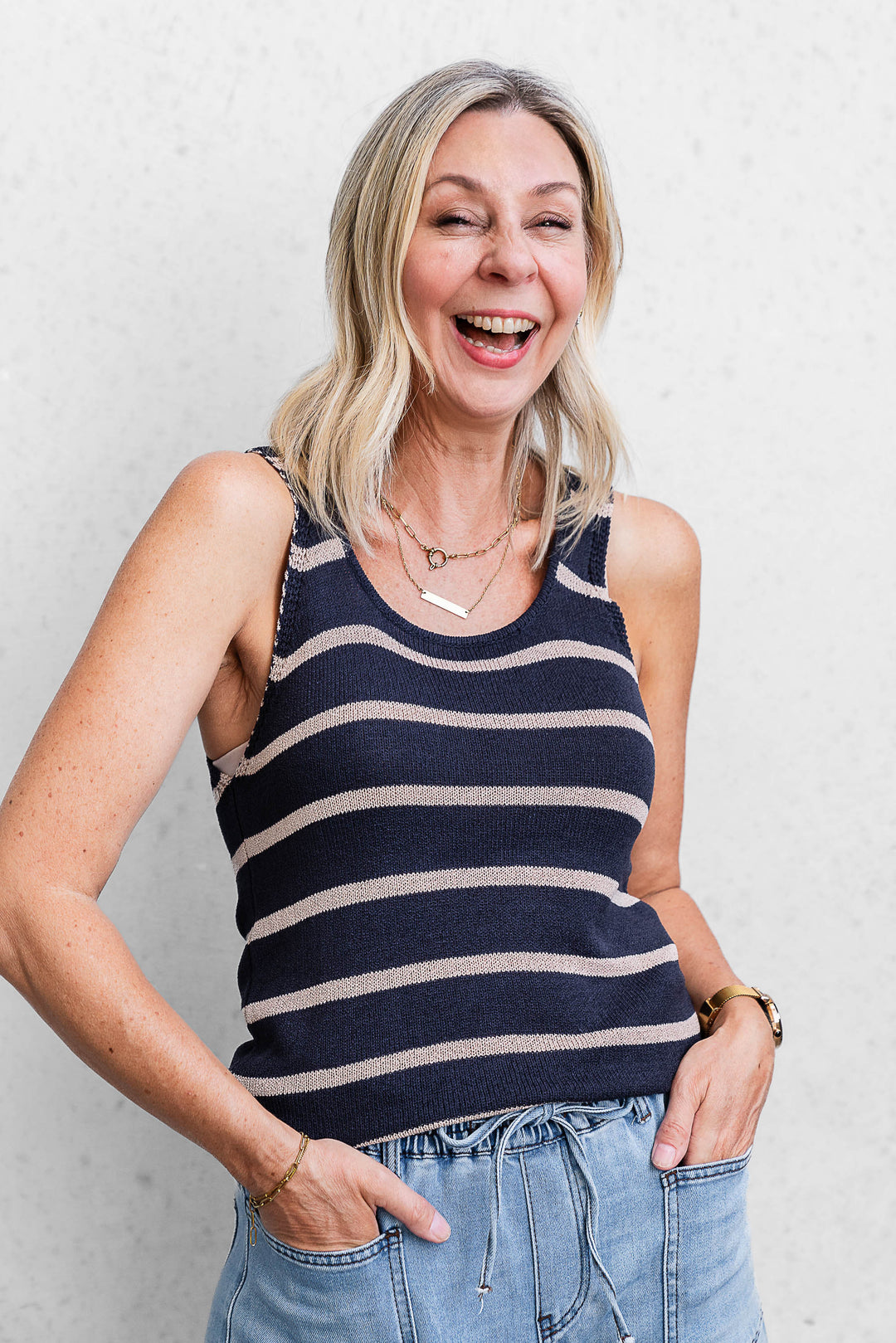Stripe Knit Tank - Navy/Beige - Mabel and Woods