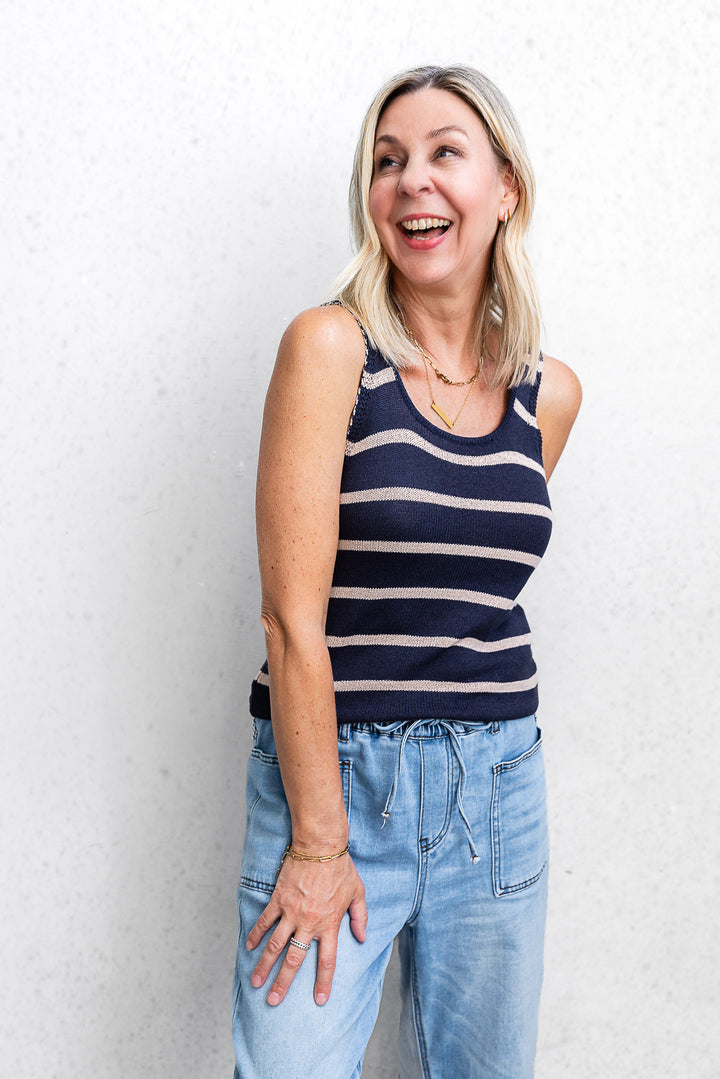 Stripe Knit Tank - Navy/Beige - Mabel and Woods