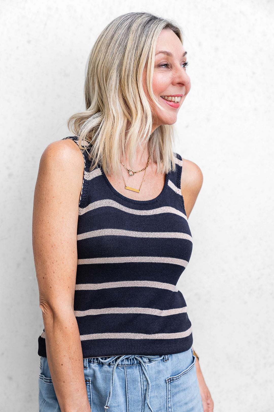 Stripe Knit Tank - Navy/Beige - Mabel and Woods