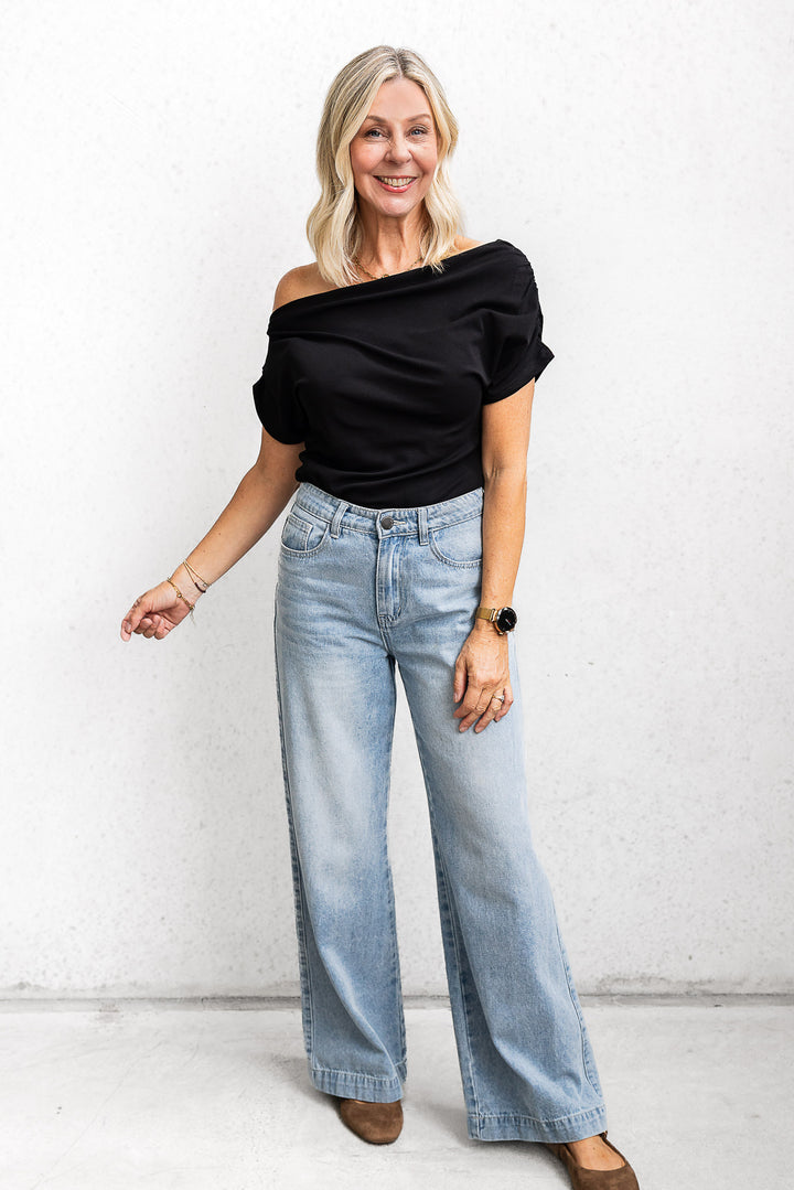 Off-Shoulder Ruched Top - Black