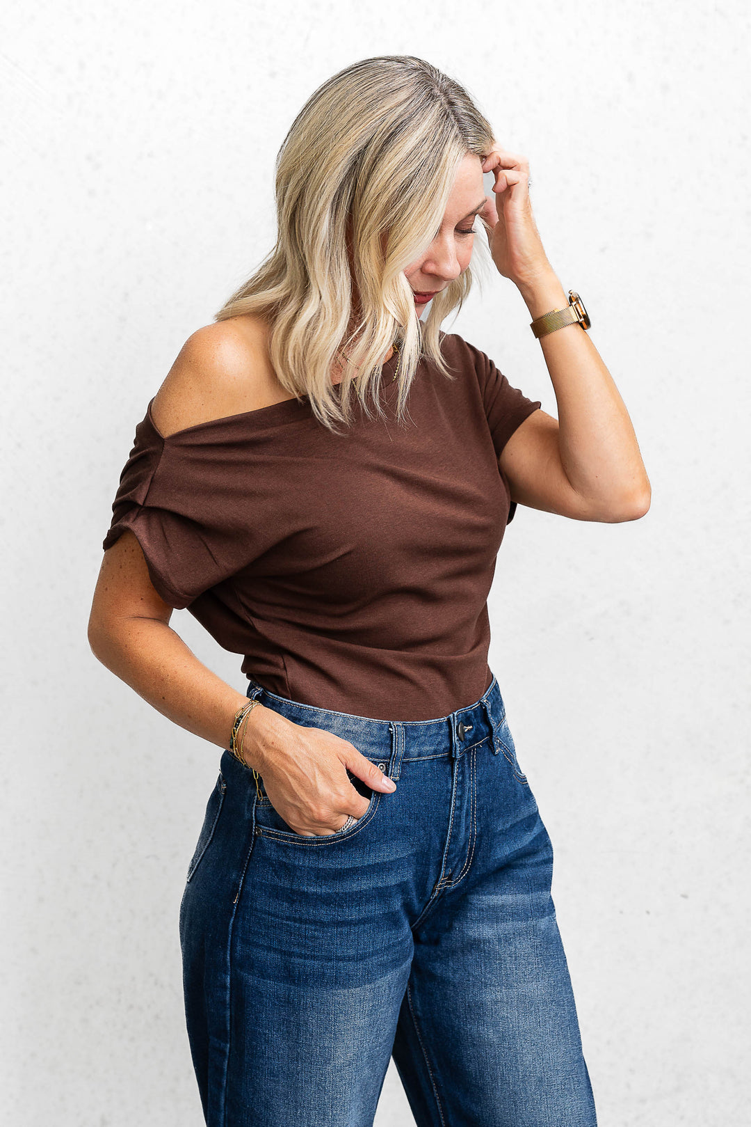 Off-Shoulder Ruched Top - Chocolate