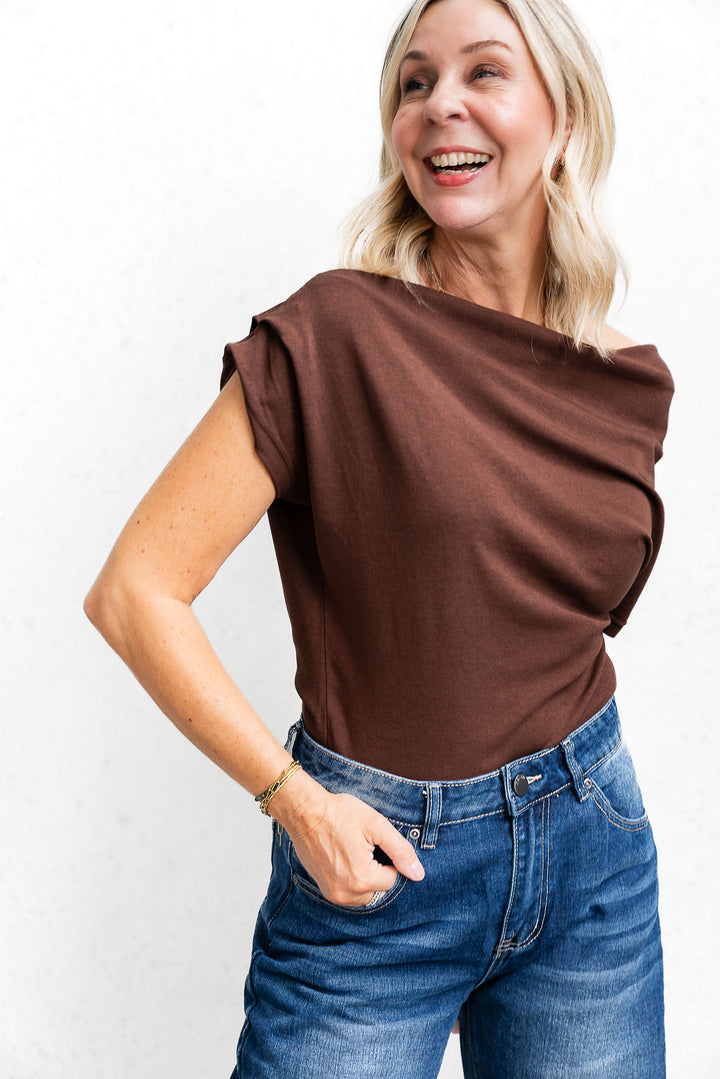 Off-Shoulder Ruched Top - Chocolate