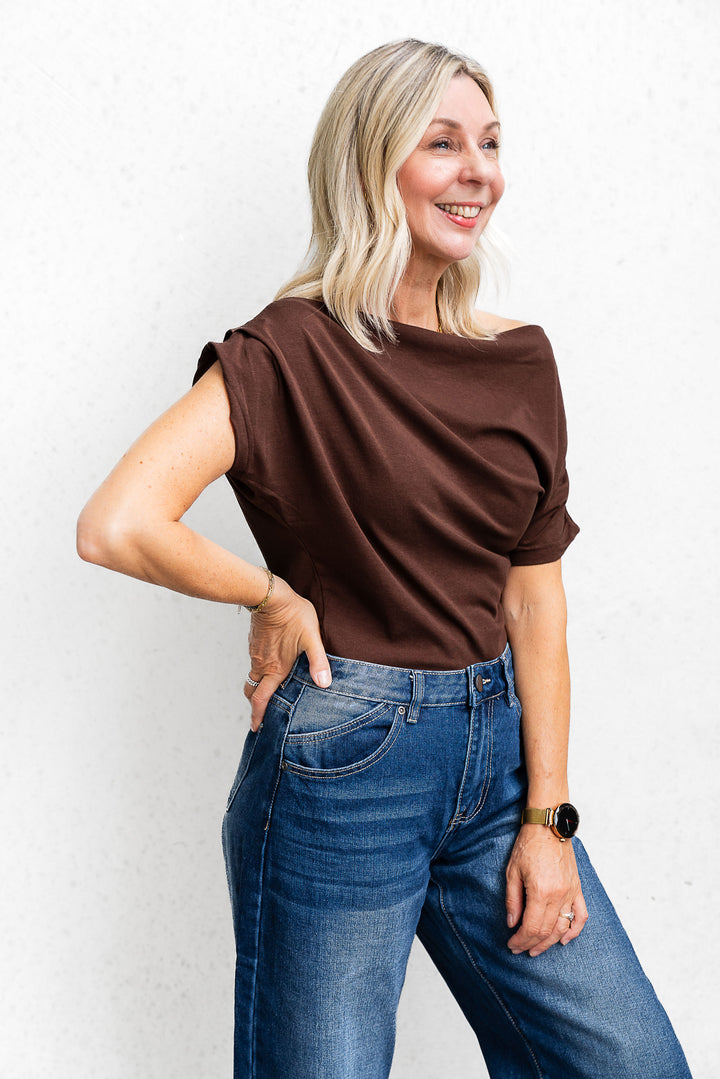 Off-Shoulder Ruched Top - Chocolate