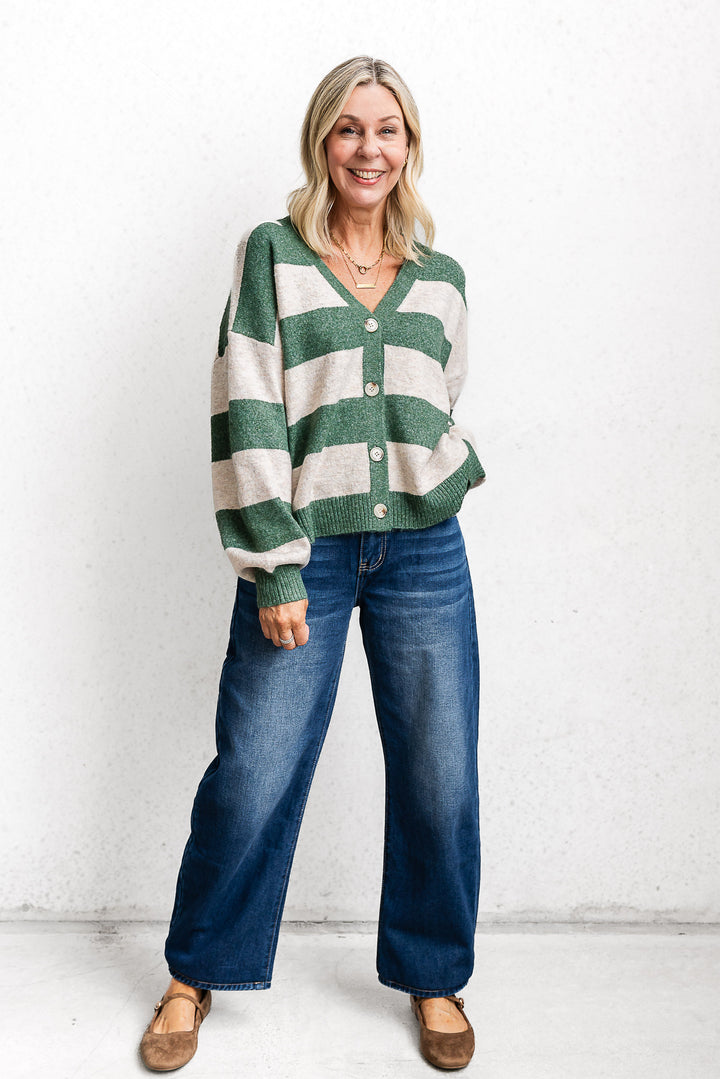 Block Stripe Cardigan - Green/Oat - Mabel and Woods