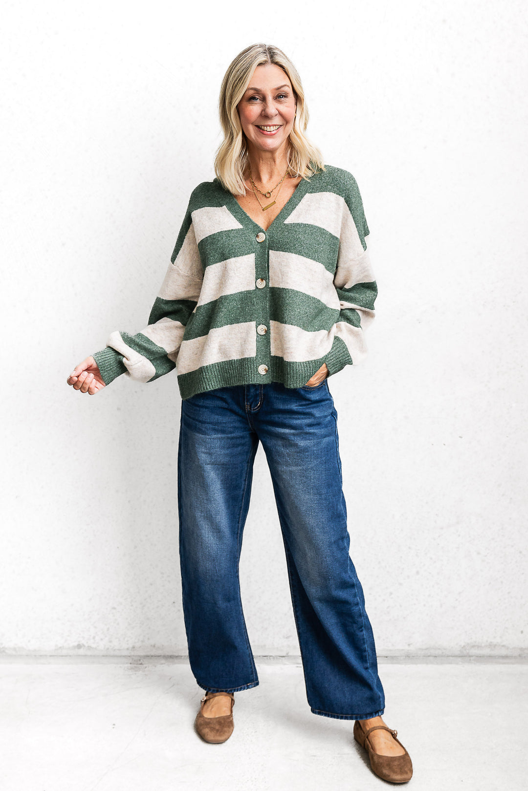 Block Stripe Cardigan - Green/Oat - Mabel and Woods