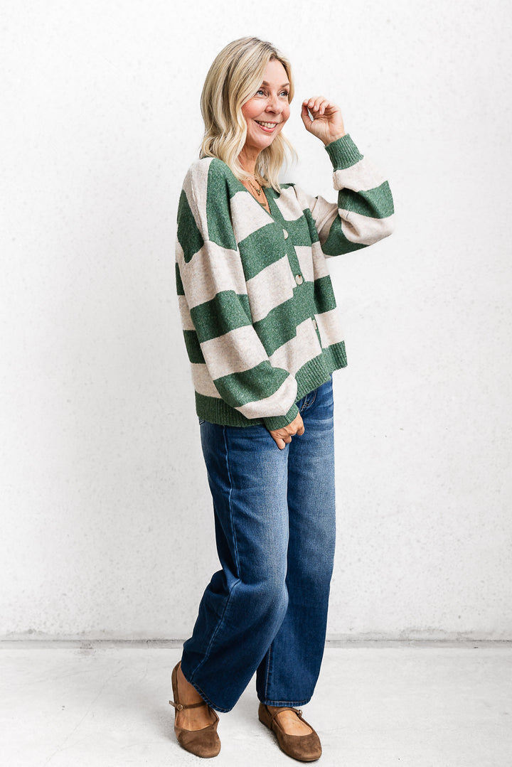 Block Stripe Cardigan - Green/Oat - Mabel and Woods
