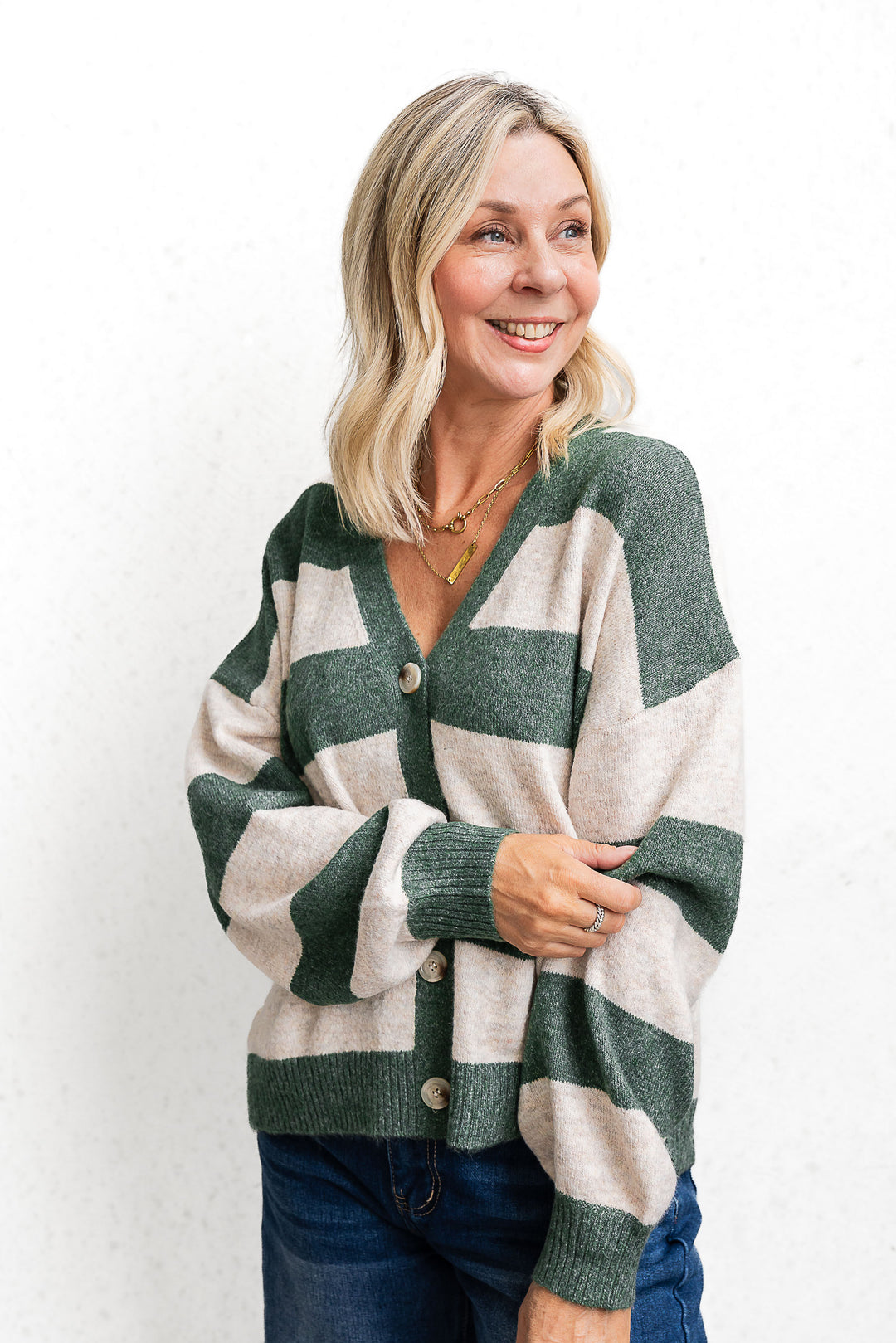Block Stripe Cardigan - Green/Oat - Mabel and Woods