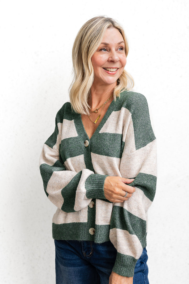 Block Stripe Cardigan - Green/Oat - Mabel and Woods