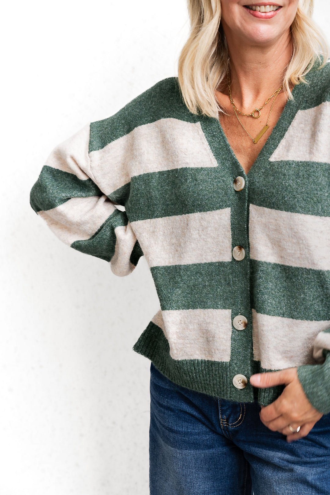 Block Stripe Cardigan - Green/Oat - Mabel and Woods