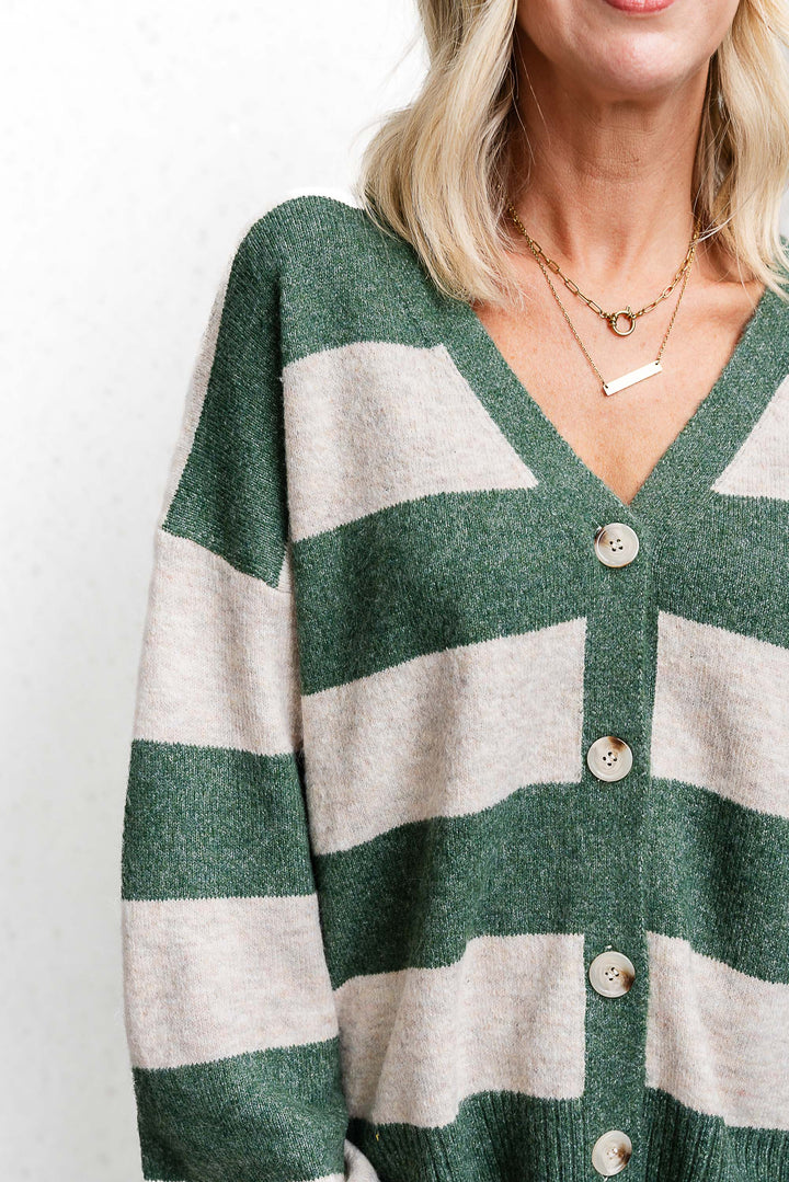 Block Stripe Cardigan - Green/Oat - Mabel and Woods
