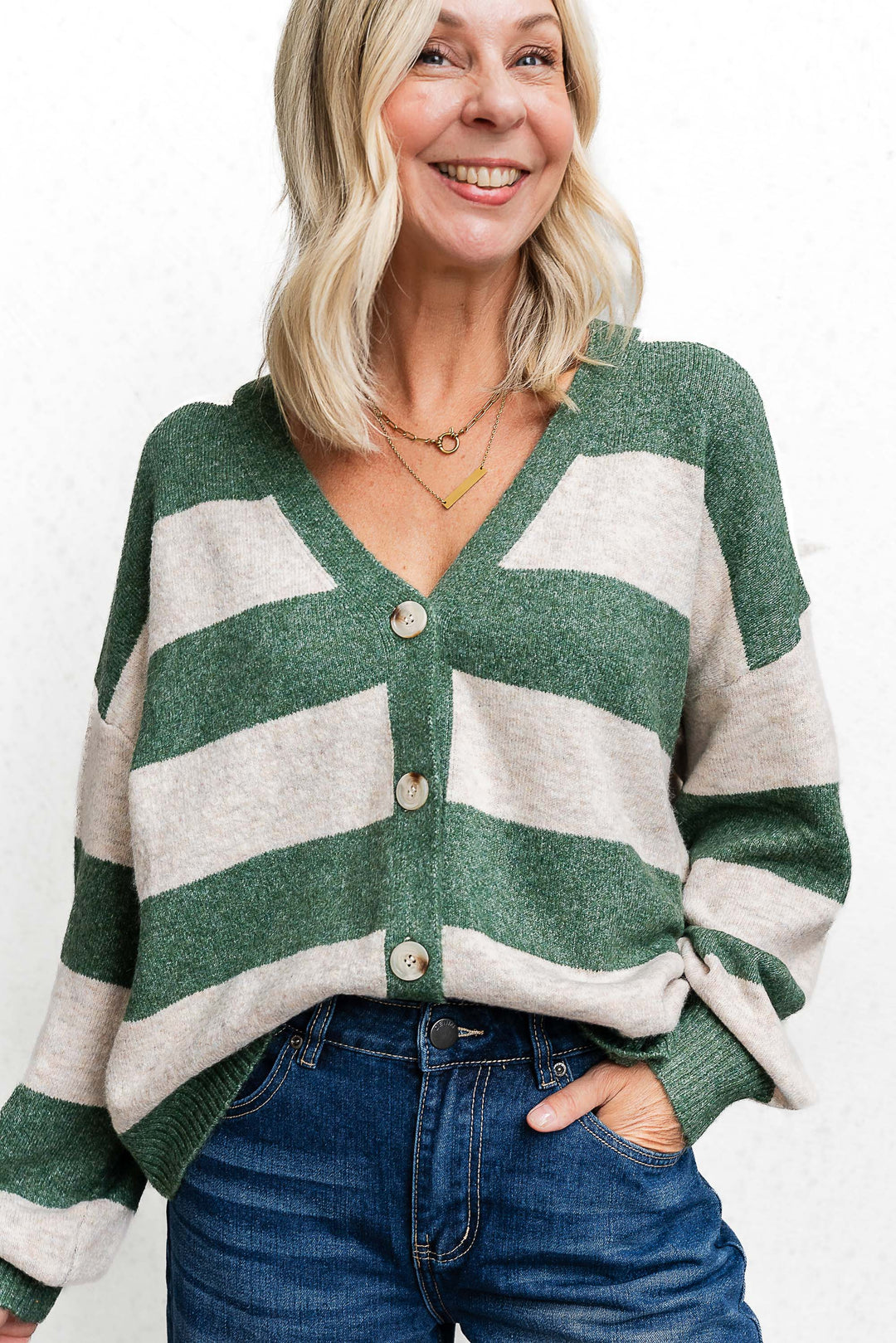 Block Stripe Cardigan - Green/Oat - Mabel and Woods