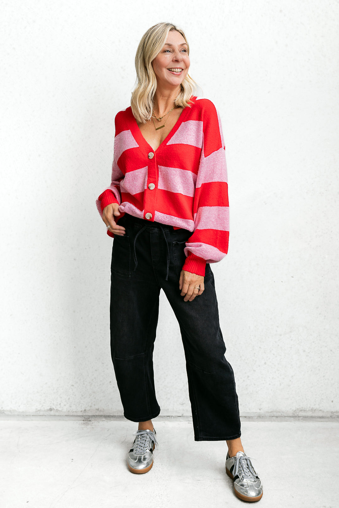 Block Stripe Cardigan - Pink/Red - Mabel and Woods