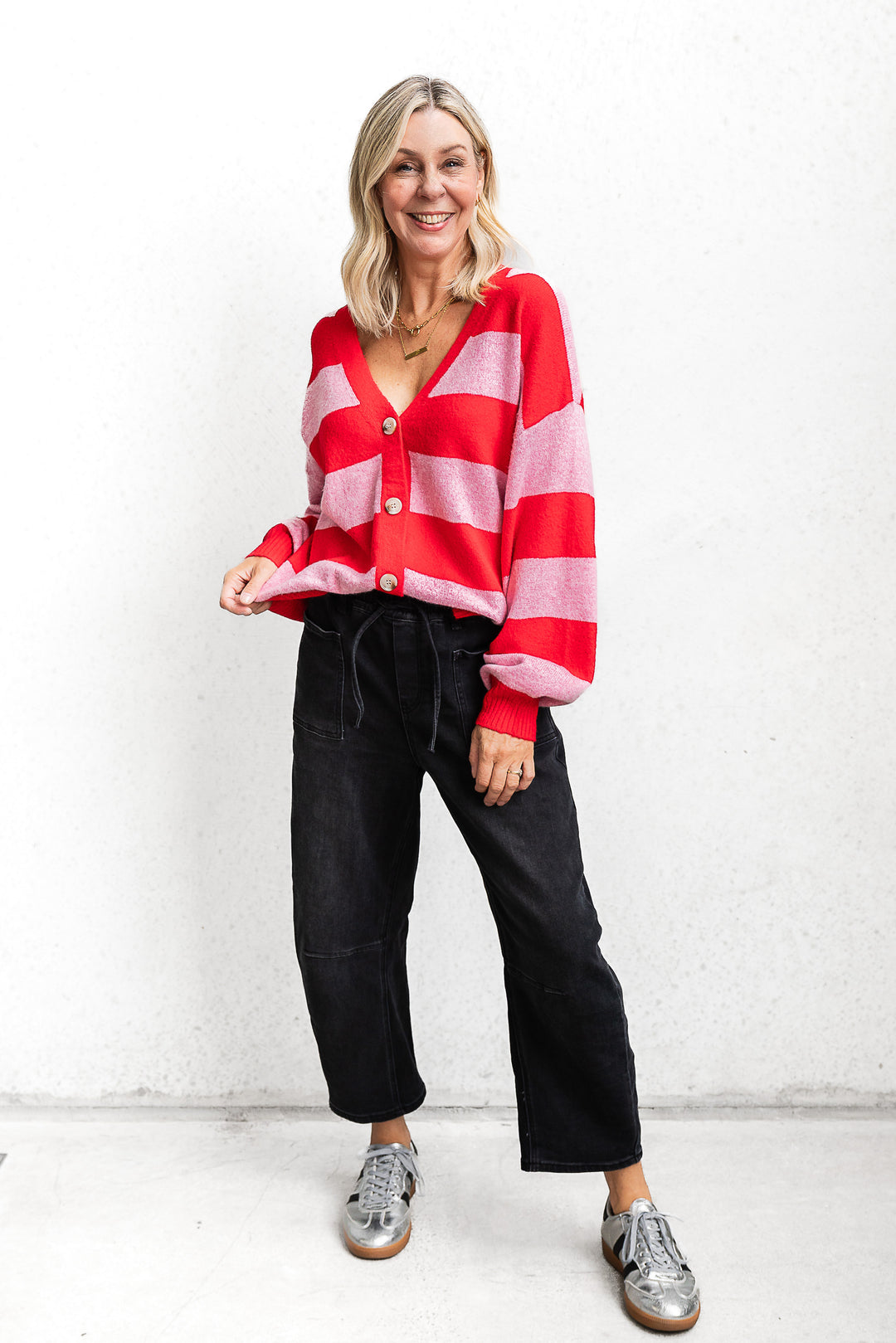 Block Stripe Cardigan - Pink/Red - Mabel and Woods