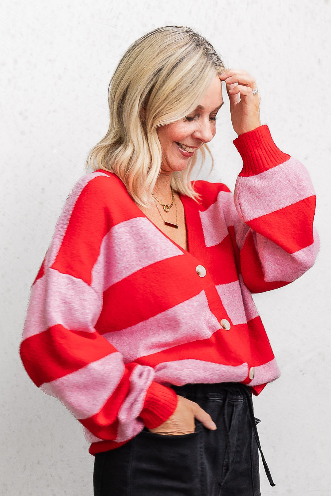 Block Stripe Cardigan - Pink/Red - Mabel and Woods