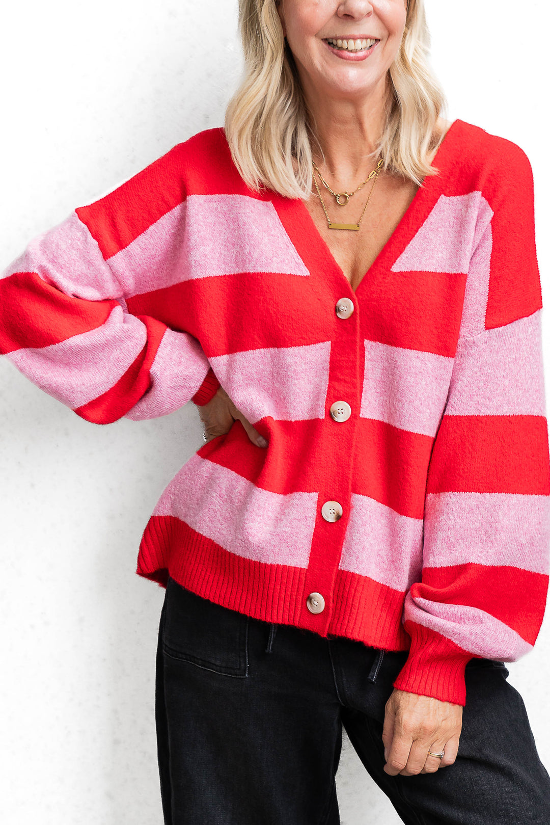 Block Stripe Cardigan - Pink/Red - Mabel and Woods
