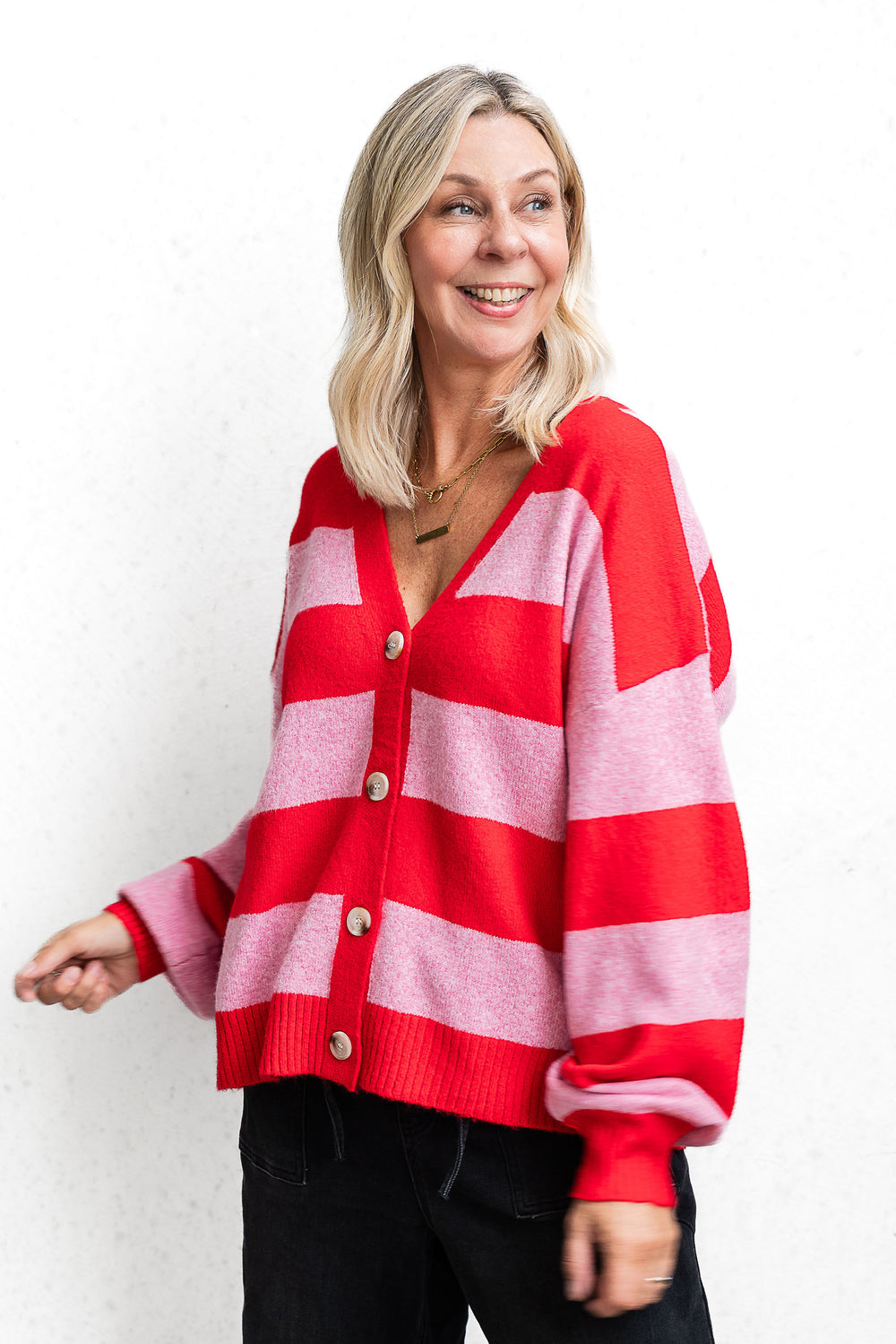 Block Stripe Cardigan - Pink/Red - Mabel and Woods