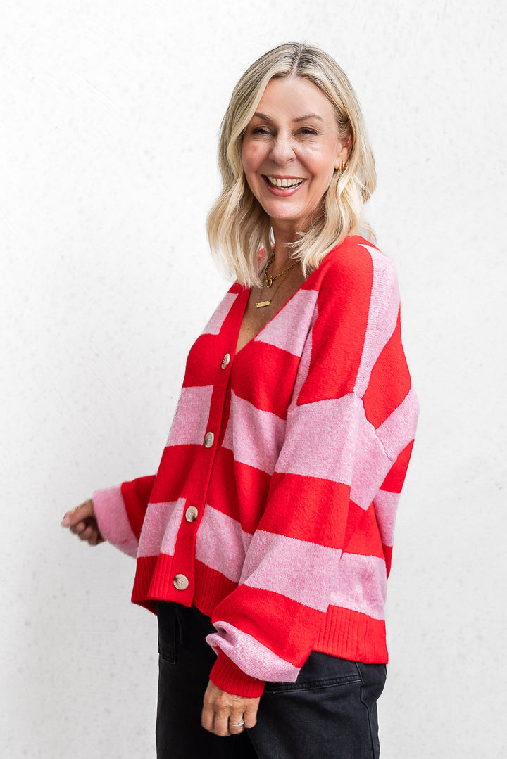Block Stripe Cardigan - Pink/Red - Mabel and Woods