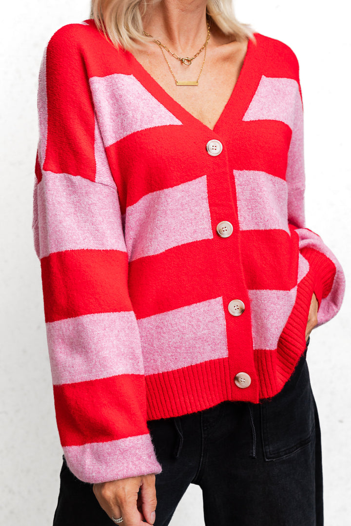 Block Stripe Cardigan - Pink/Red - Mabel and Woods