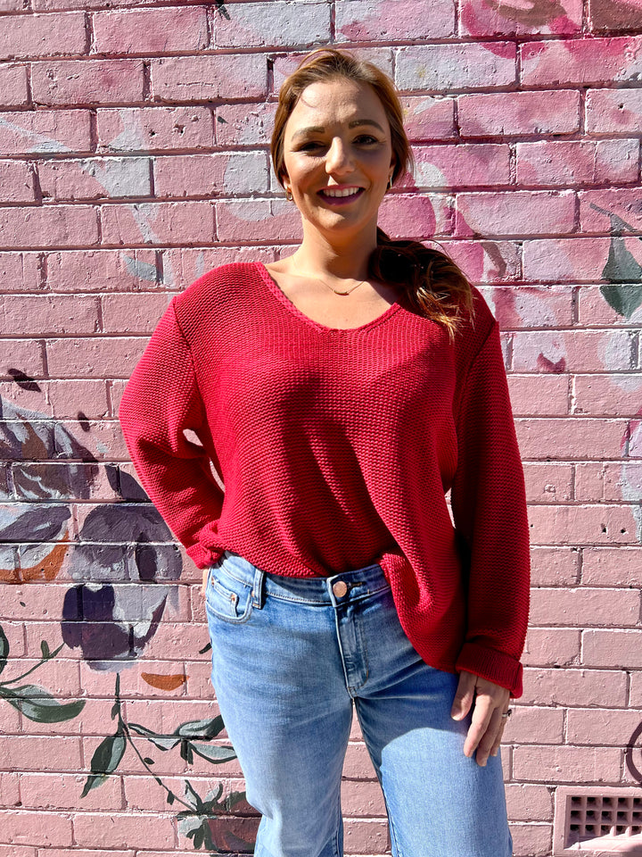 Roll Sleeve Knit - Red