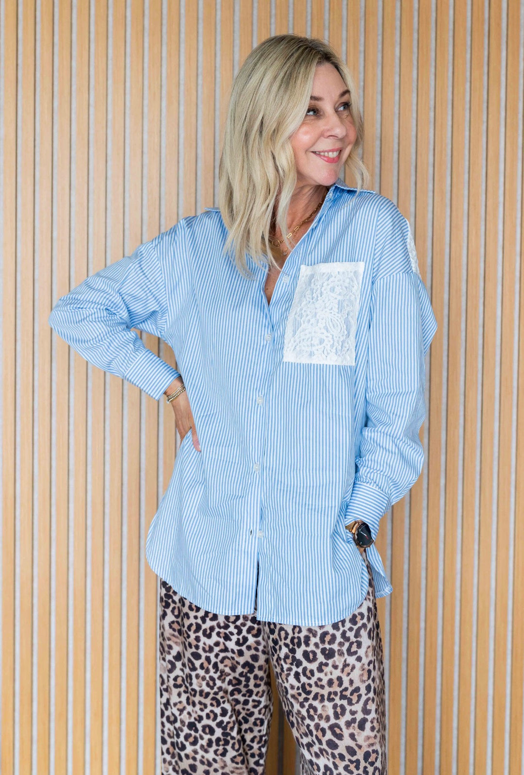 Pinstripe and Lace Shirt - Blue