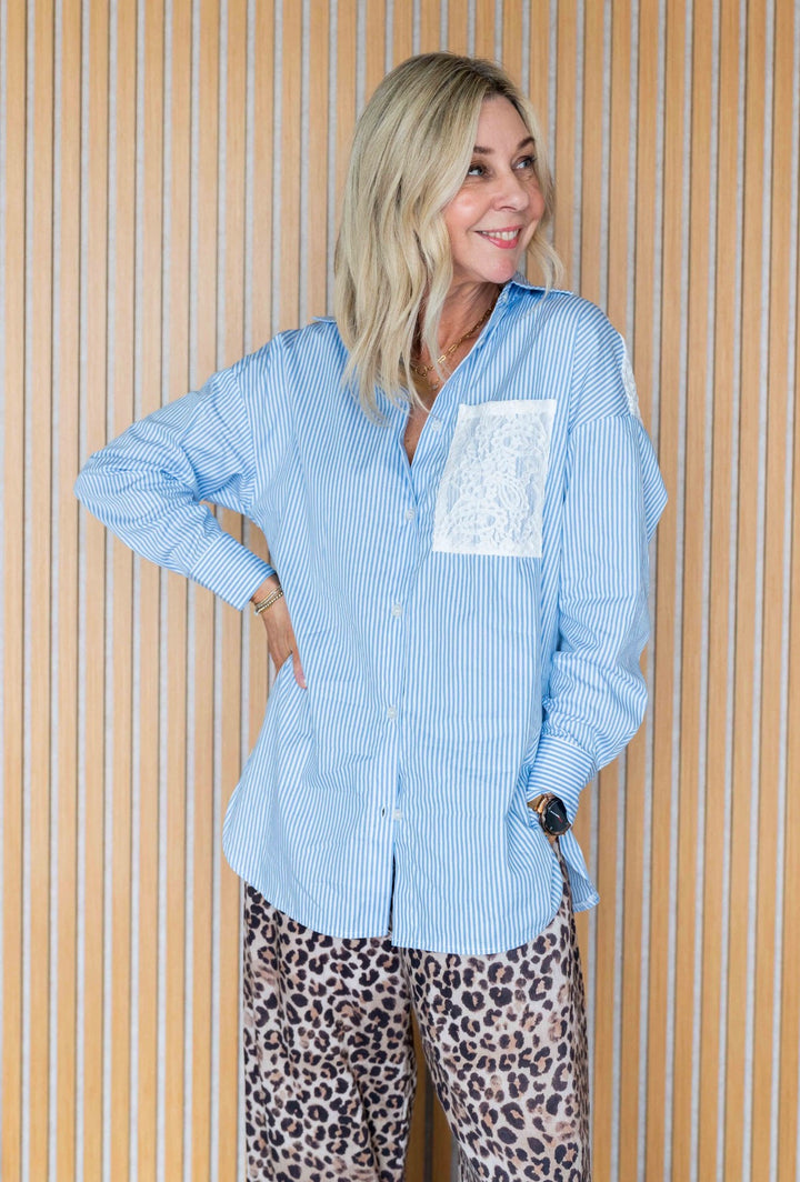 Pinstripe and Lace Shirt - Blue
