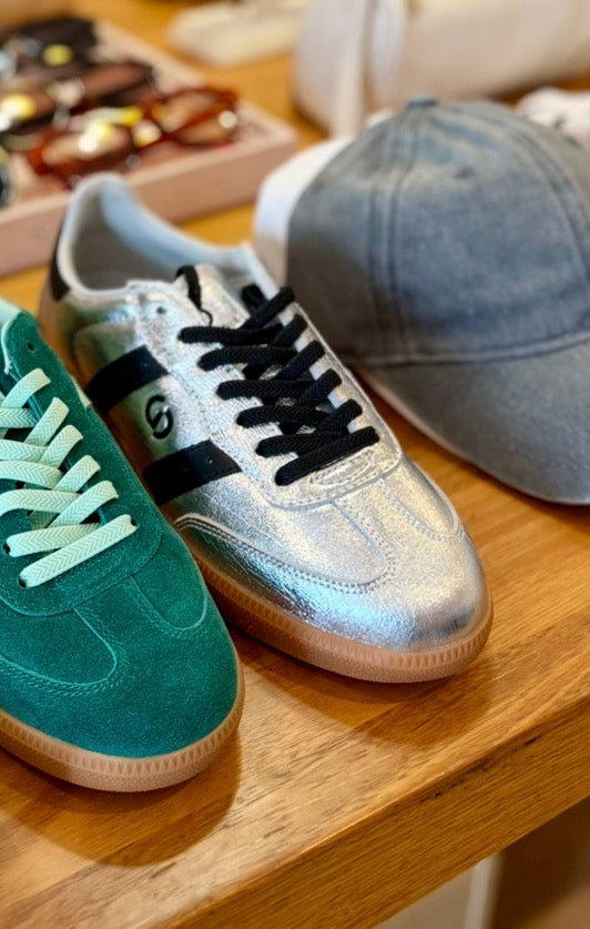 Parallel Metallic Leather Sneaker - Silver / Black - Mabel and Woods