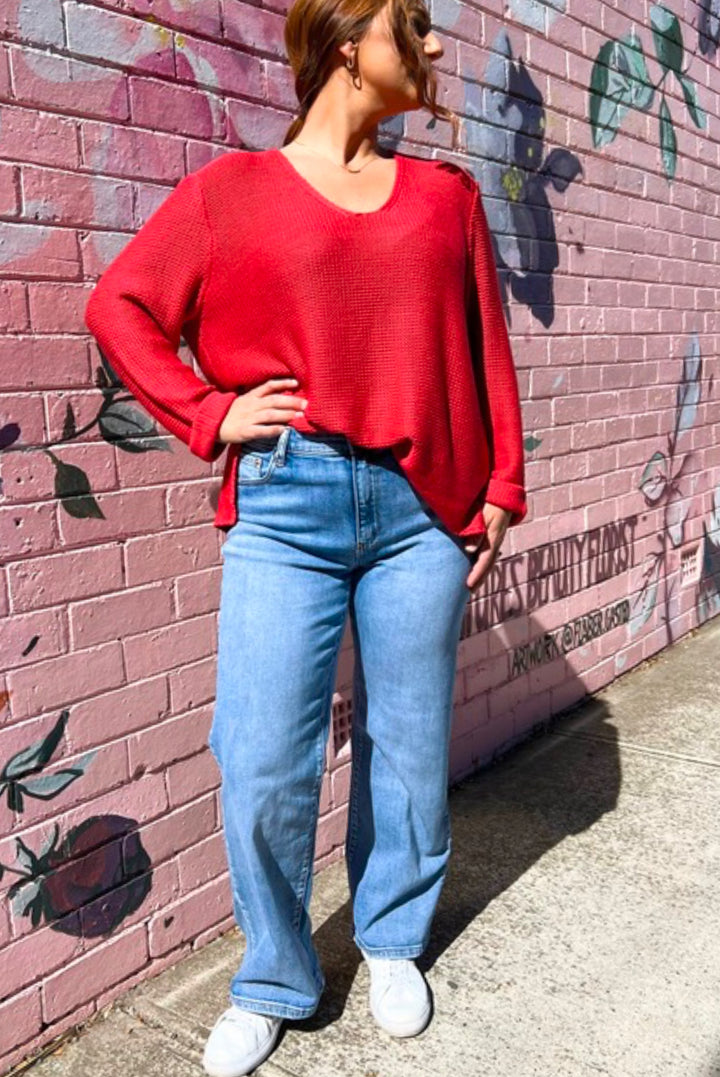 Roll Sleeve Knit - Red