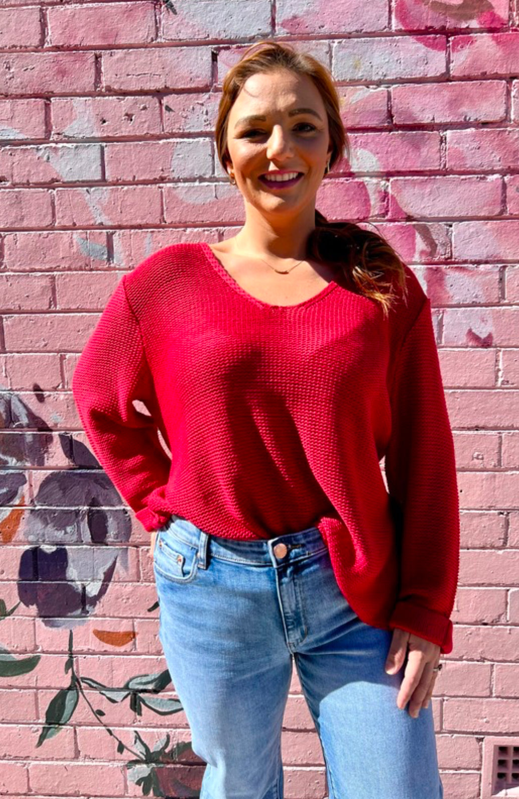 Roll Sleeve Knit - Red