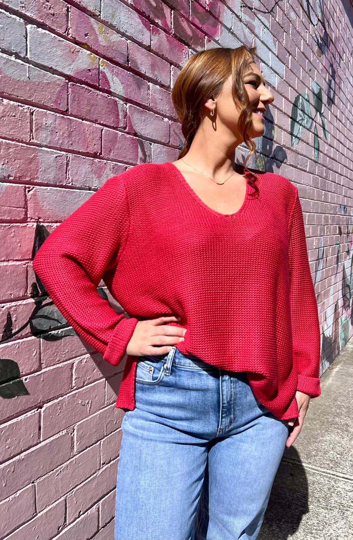 Roll Sleeve Knit - Red