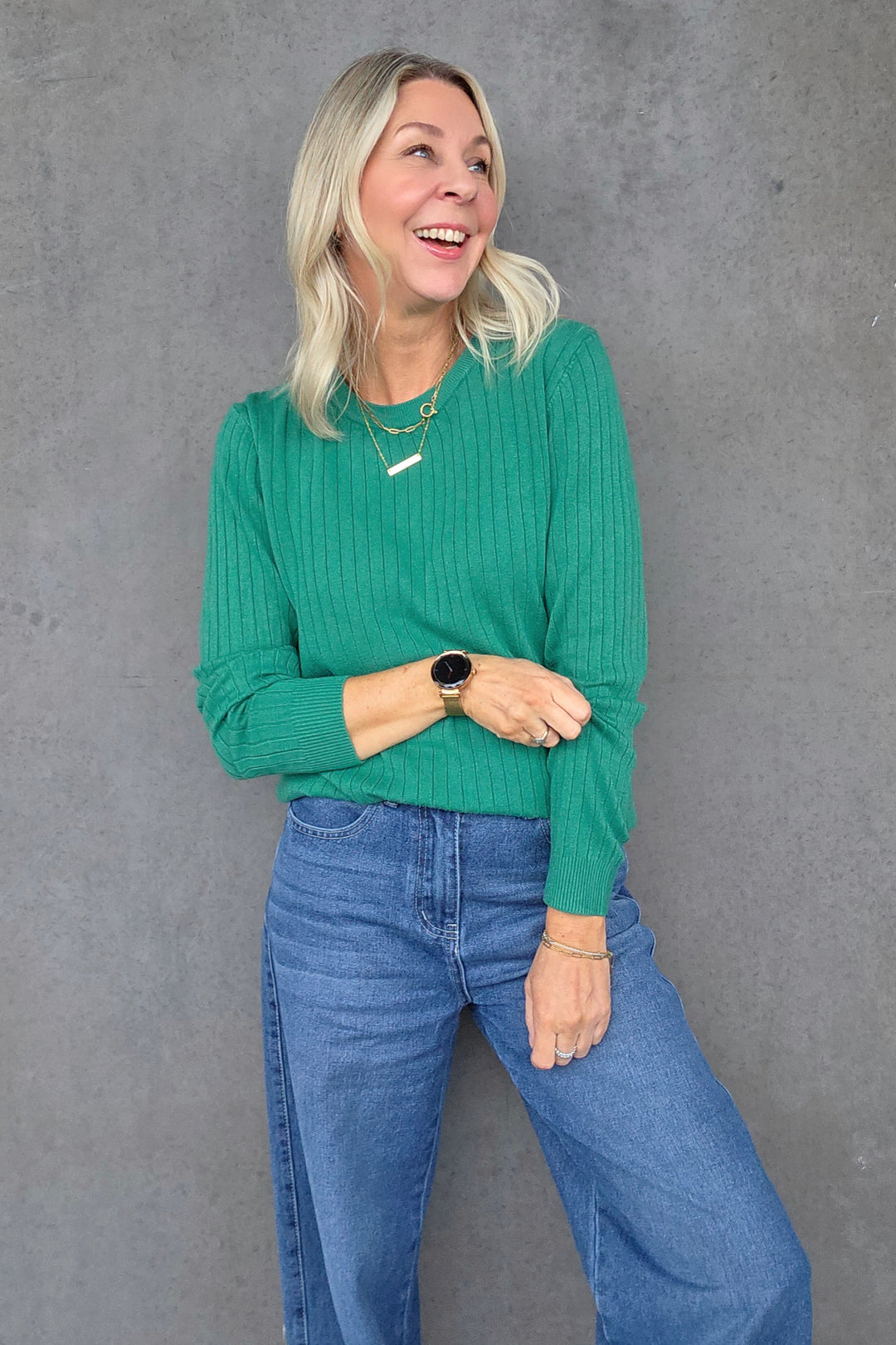 Crew Neck Rib Knit - Emerald - Mabel and Woods
