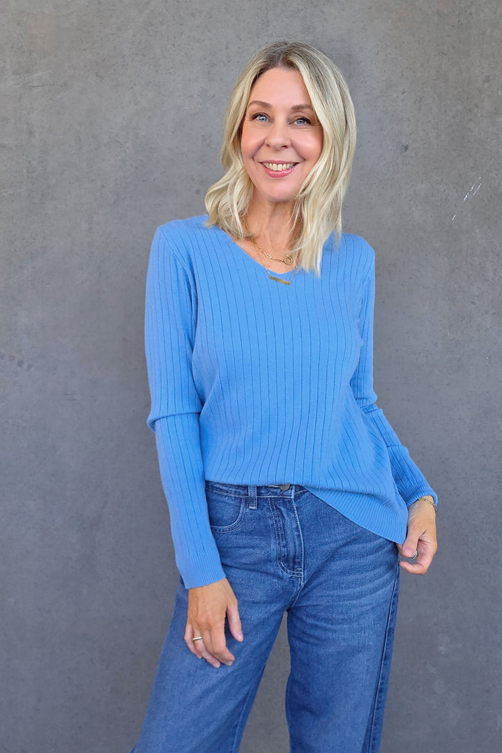 V-Neck Rib Knit - Blue - Mabel and Woods