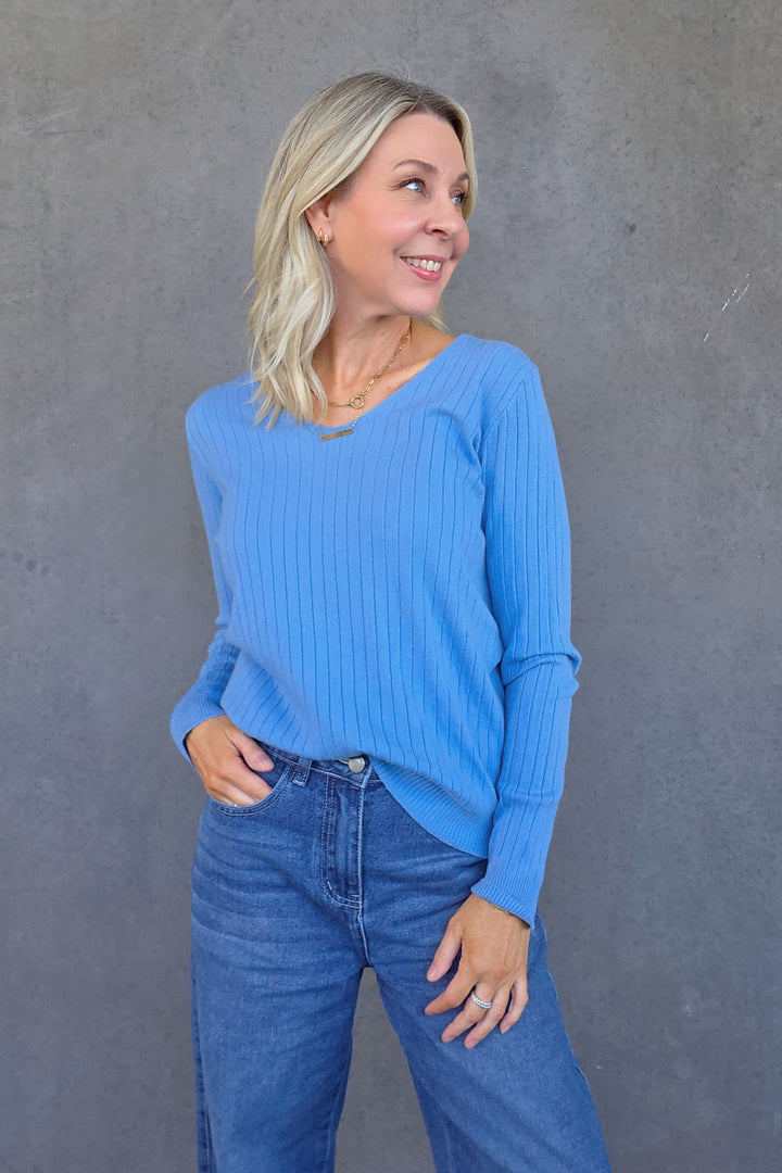 V-Neck Rib Knit - Blue - Mabel and Woods