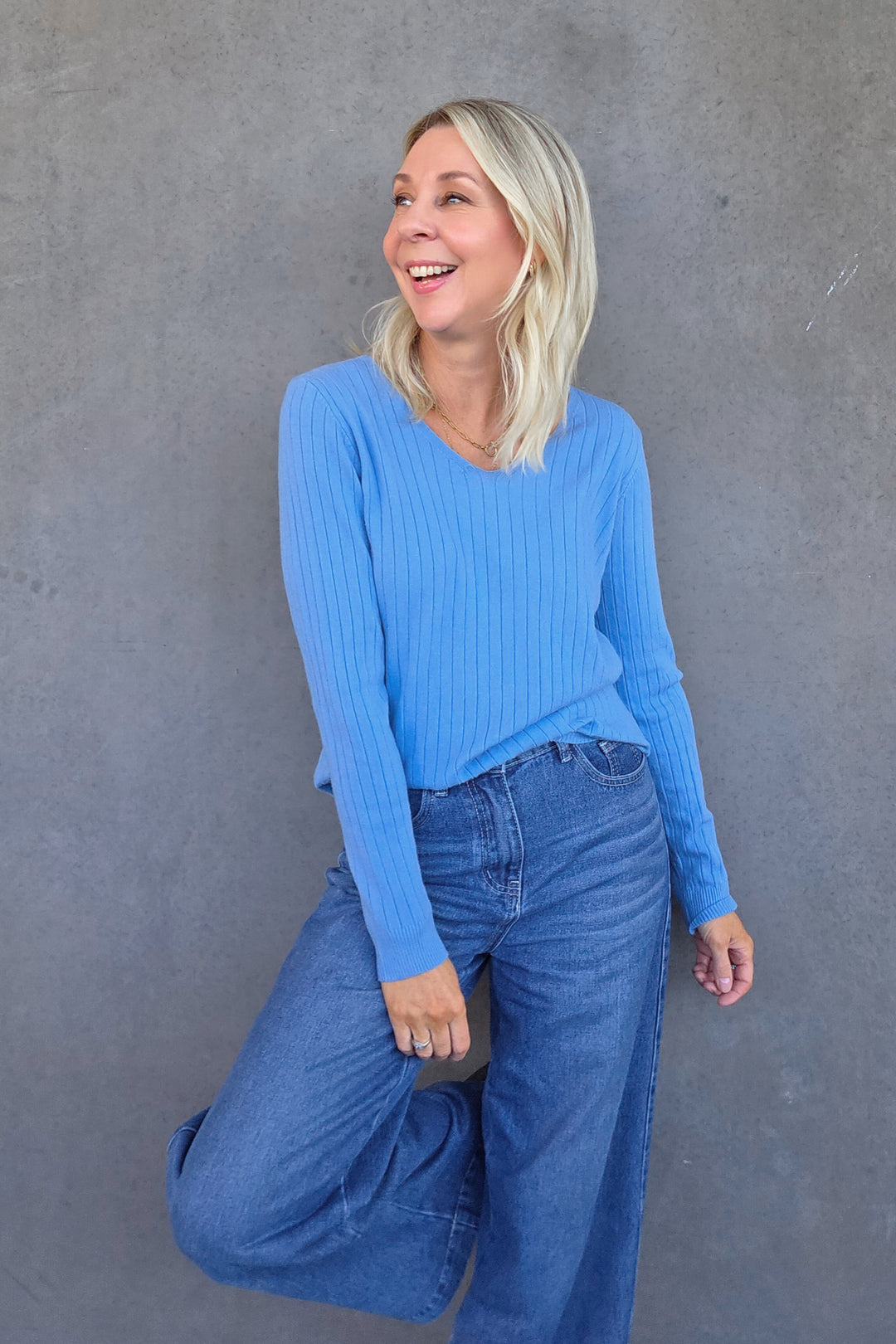 V-Neck Rib Knit - Blue - Mabel and Woods