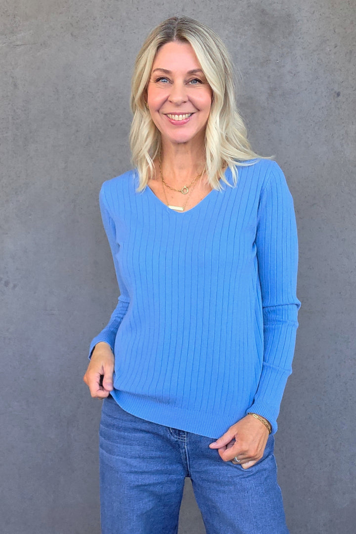 V-Neck Rib Knit - Blue - Mabel and Woods