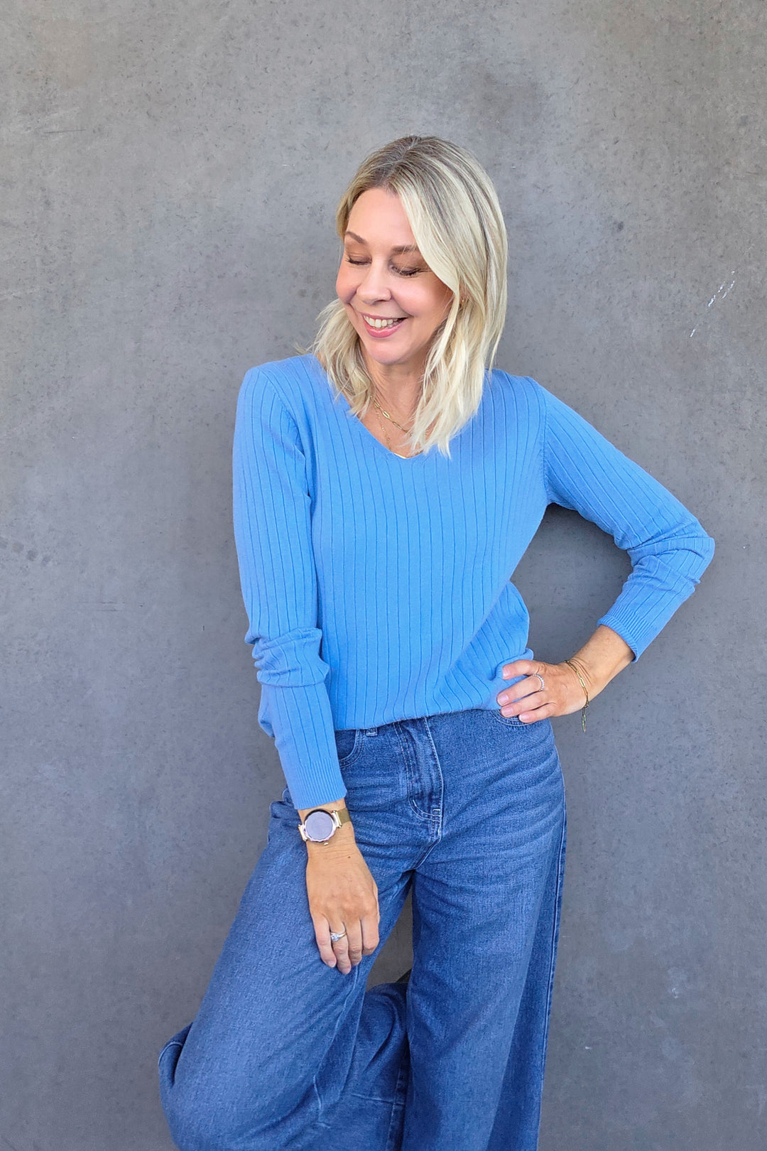 V-Neck Rib Knit - Blue - Mabel and Woods