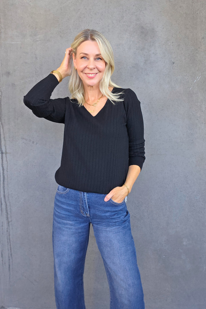 V-Neck Rib Knit - Black - Mabel and Woods