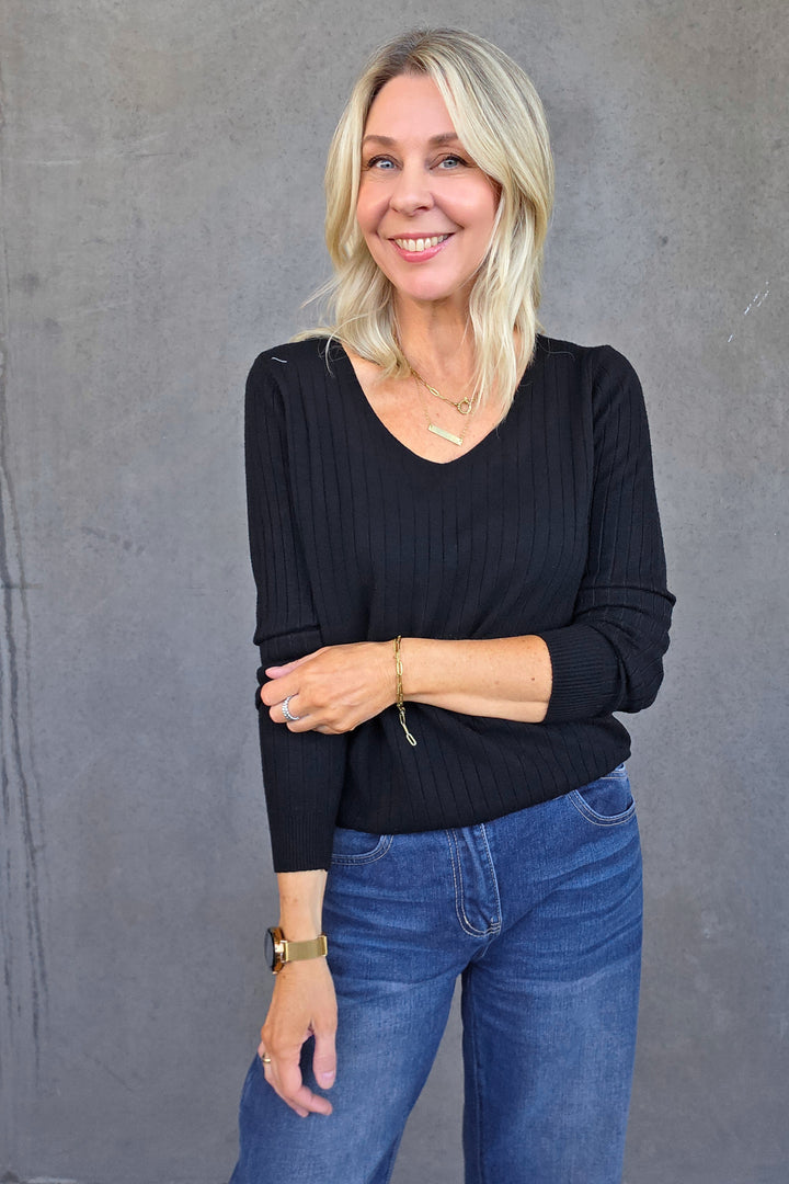 V-Neck Rib Knit - Black - Mabel and Woods