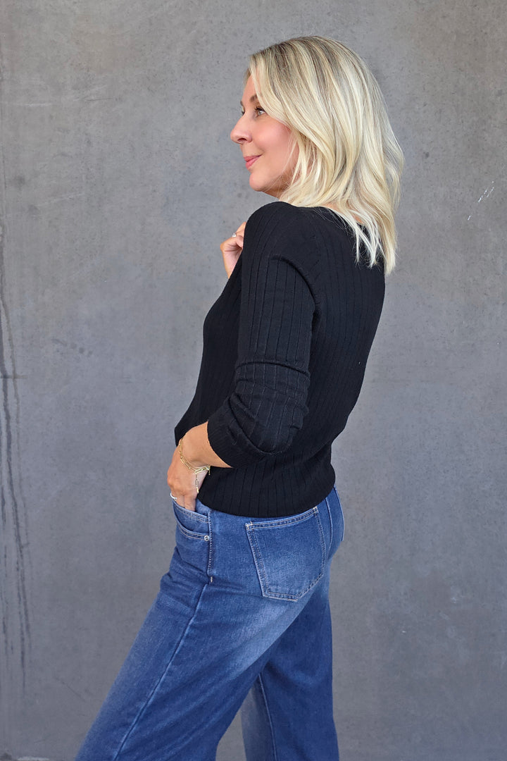 V-Neck Rib Knit - Black - Mabel and Woods