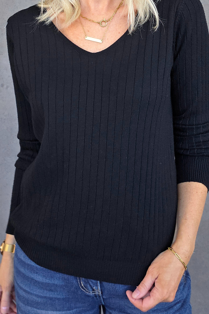 V-Neck Rib Knit - Black - Mabel and Woods