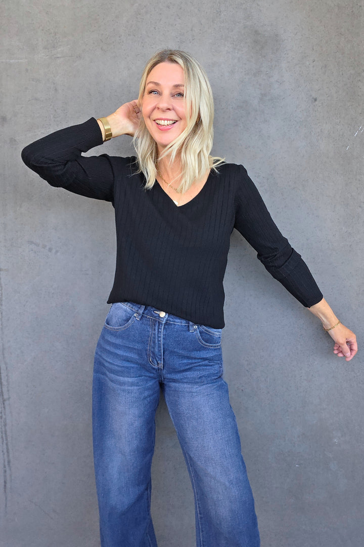V-Neck Rib Knit - Black - Mabel and Woods