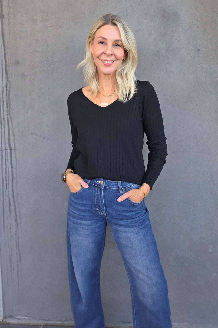 V-Neck Rib Knit - Black - Mabel and Woods
