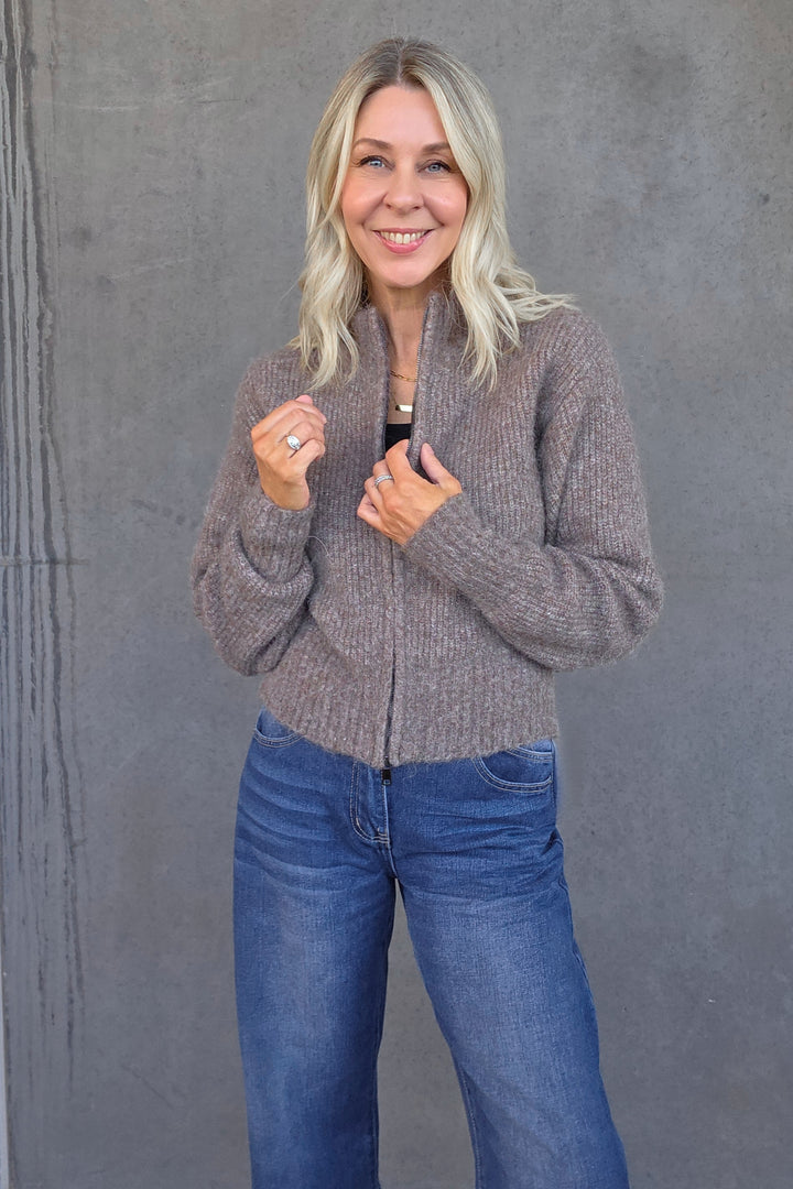 Zip Front Knit Top - Mocha - Mabel and Woods