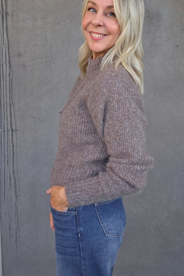 Zip Front Knit Top - Mocha - Mabel and Woods