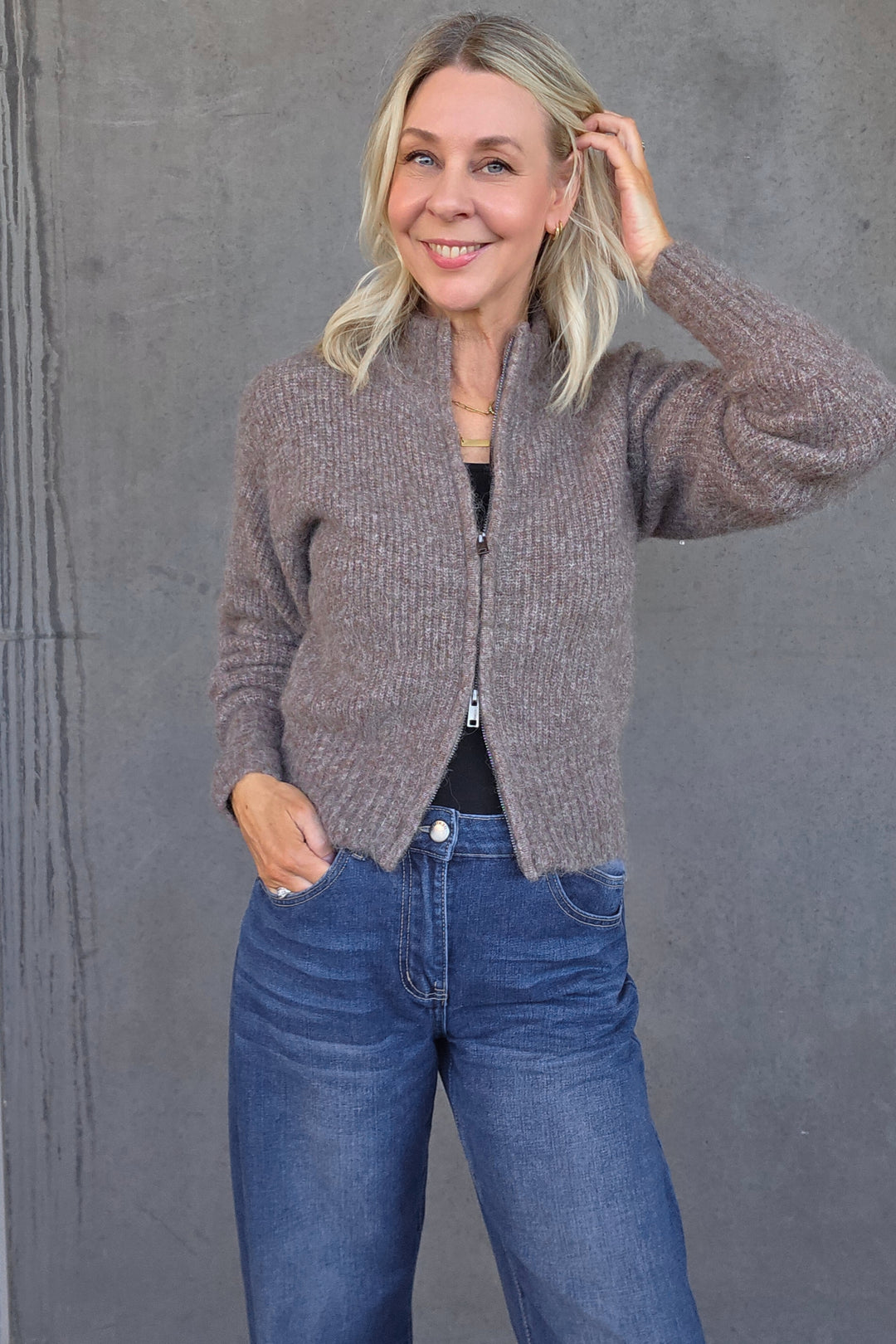 Zip Front Knit Top - Mocha - Mabel and Woods