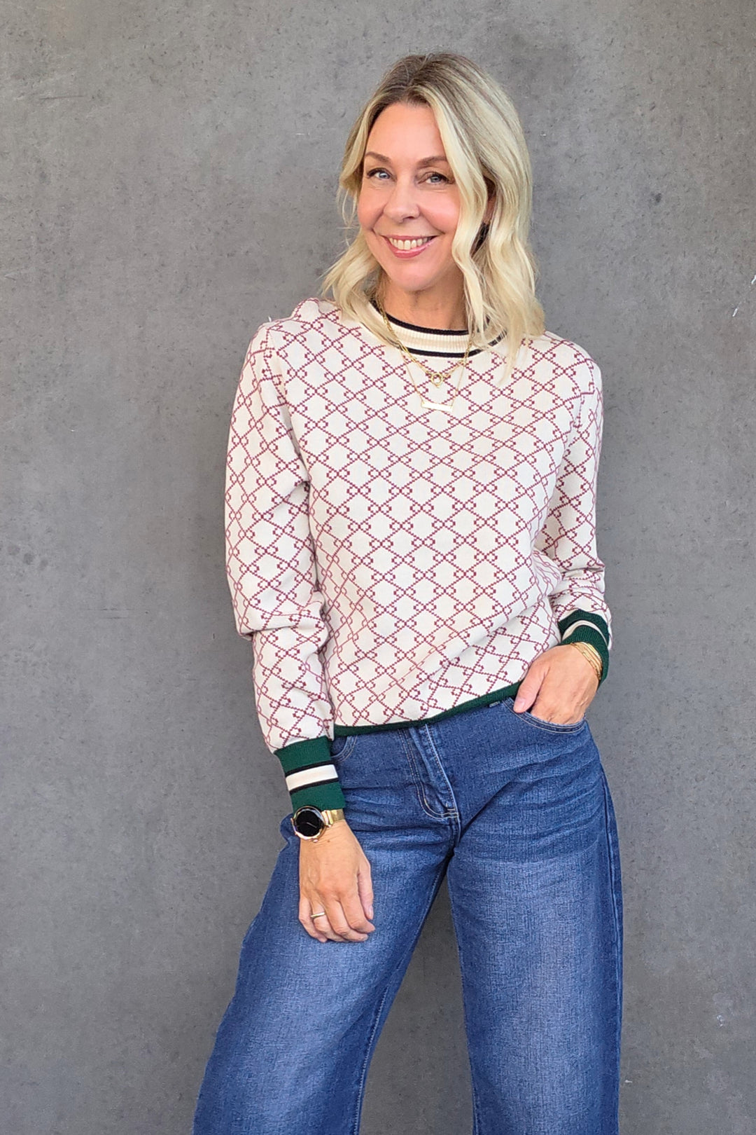 Double Chain Knit -Beige/Burgandy - Mabel and Woods