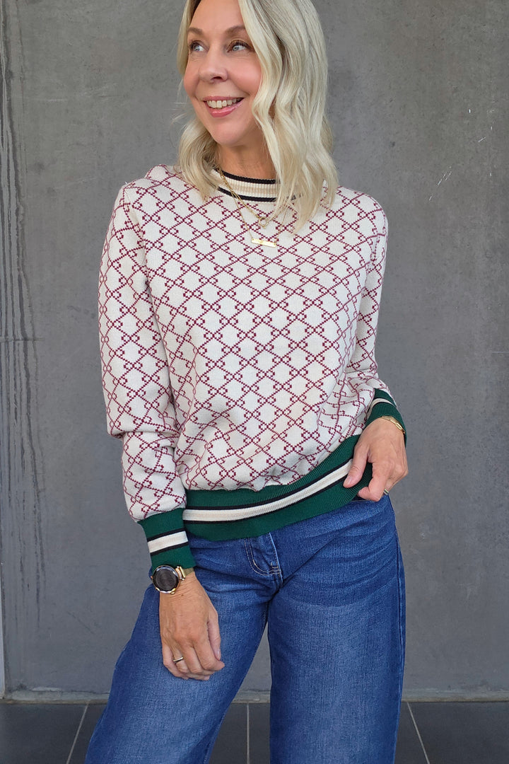 Double Chain Knit -Beige/Burgandy - Mabel and Woods