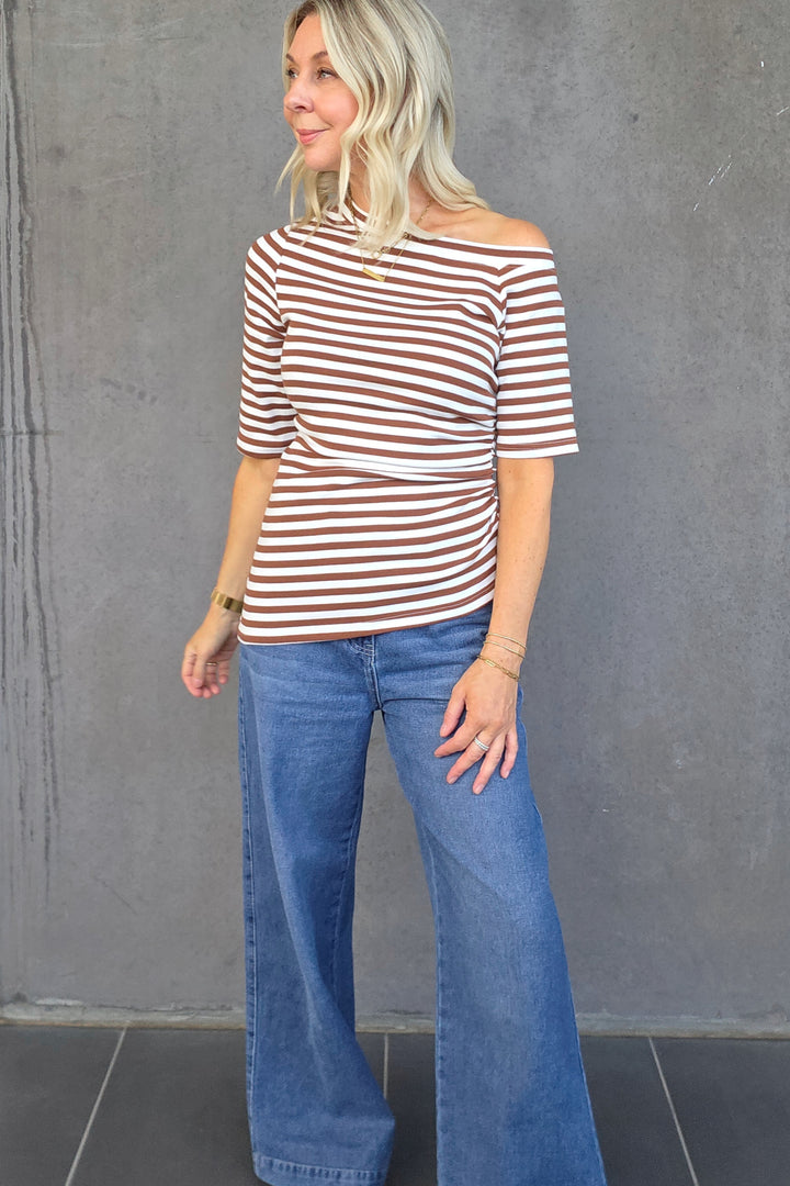 Assymetrical Stripe Top - Choc - Mabel and Woods